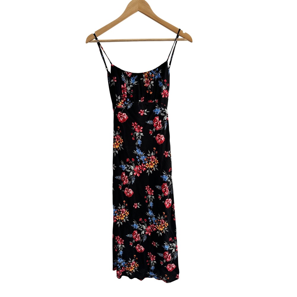 All About May Black Floral Midi Dress Cut-Out Tie Back Rayon US 2 Wedding Guest